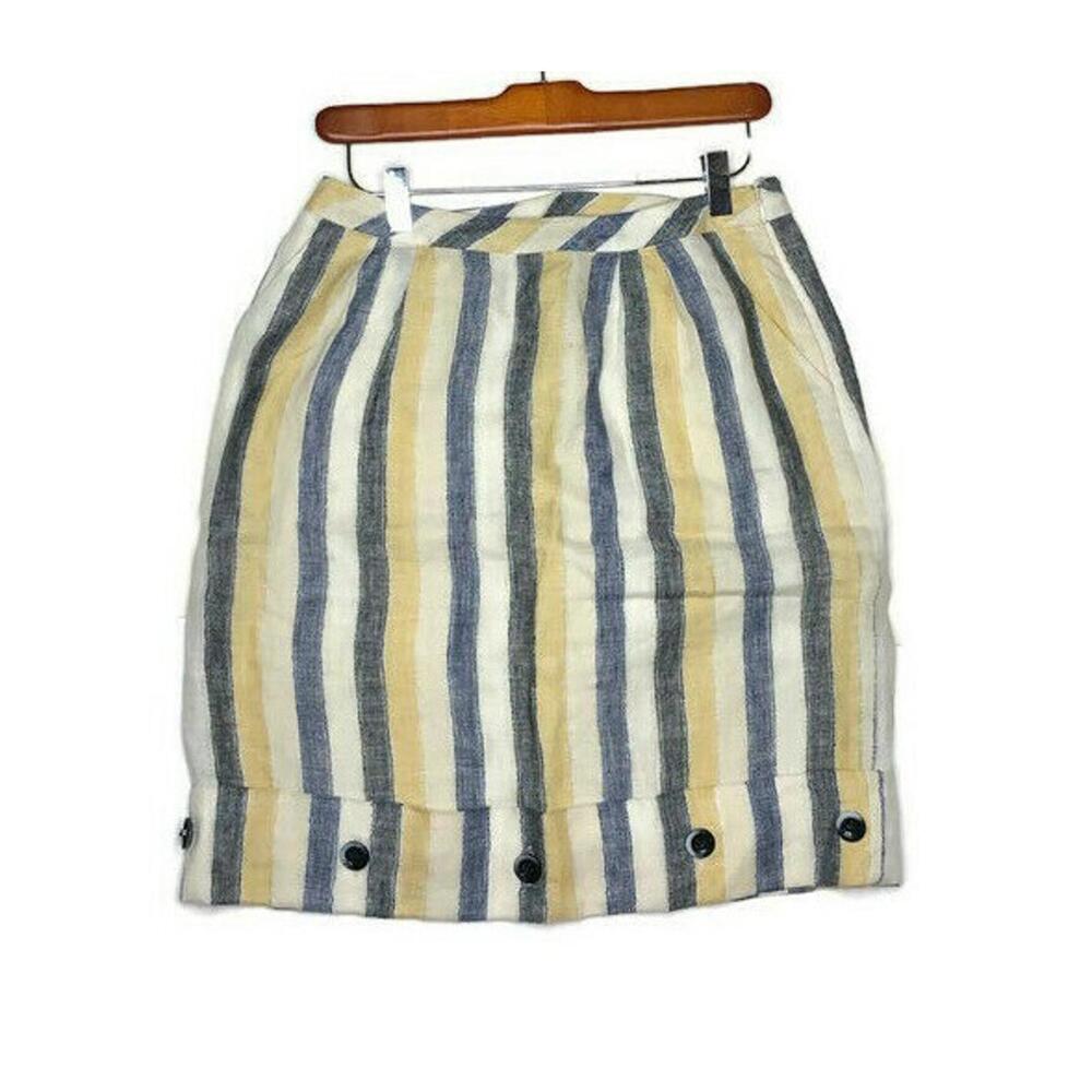 Anthropologie Edme & Esyllte Striped Linen Skirt Knee Length Lined Buttons Sz 2 - Picture 1 of 8